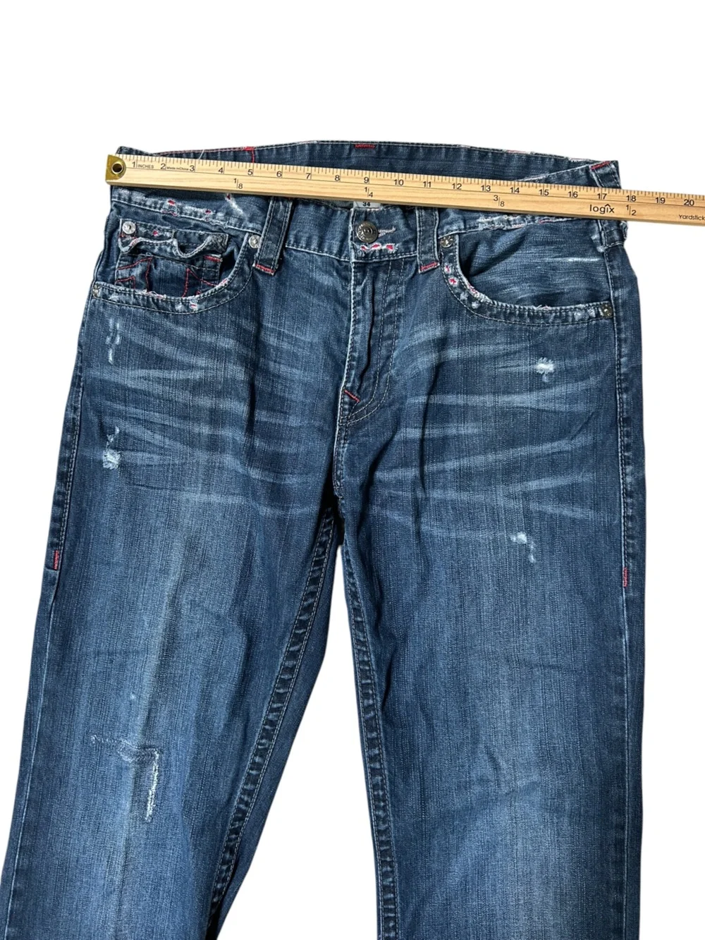 True Religion Men’s Straight Flap Jeans Red Stitch Dark Wash Size 34